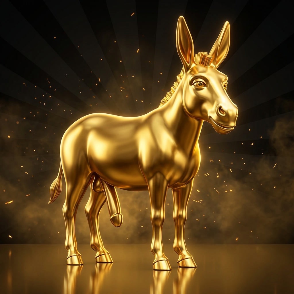 Polished 3D golden donkey mascot of The Donkey Dong