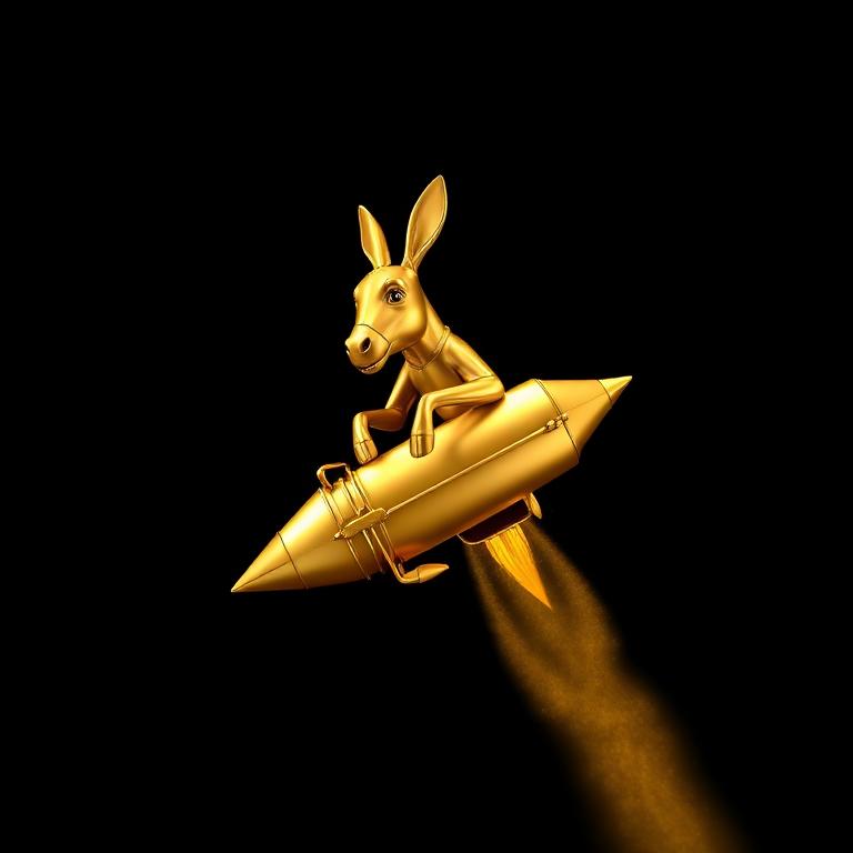 Golden donkey riding a gold rocket