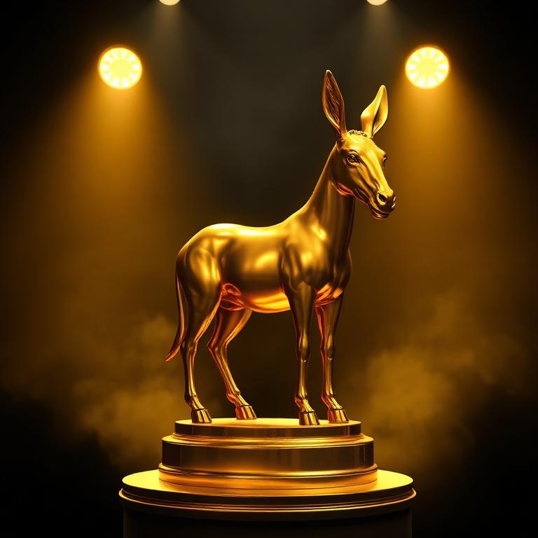 Golden donkey statue under museum spotlights